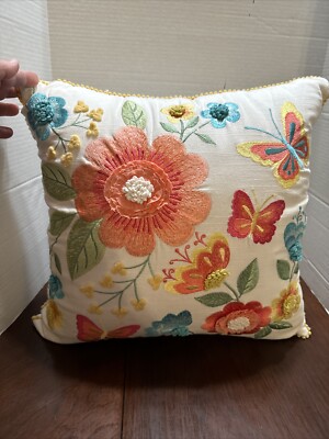 Boho Square Machine Embroidered Pillow Flowers & Butterflies Coral Easter