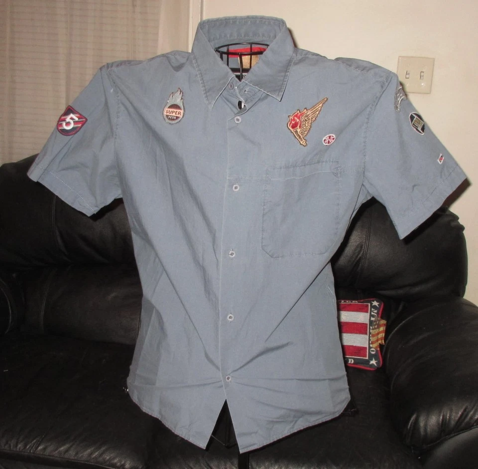 Camisa de vestir informal FCUK Jeans para hombre tienda uniforme look cuello rayas azul bonita Foto 2 de 4