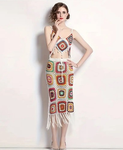 Boho Square Crochet Knit Two Piece Set Top-Midi Skirt Medium Multicolor Fringe - Picture 2 of 20
