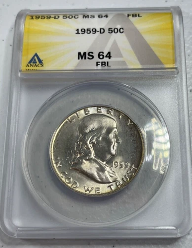 1959-D  Franklin US Half Dollar,   MS64 by ANACS,   FBL,   SUPERB looking coin!!
