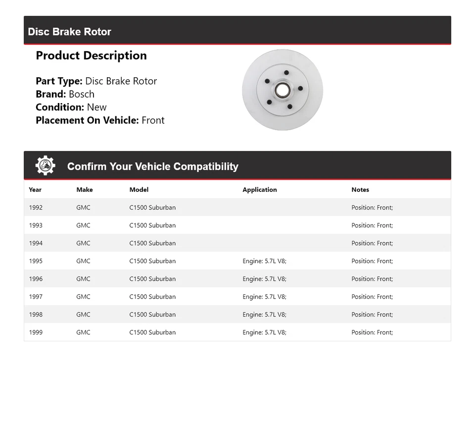 Rotor de freno de disco delantero para GMC C1500 Suburban Bosch QuietCast 1992-1999 1993 Foto 2 de 4