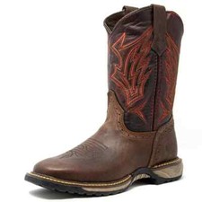 CEBU Tonka Botas de Trabajo Vaqueras para Hombres Cuero Marrón Rojo Bordado Punta Cuadrada Pull-On