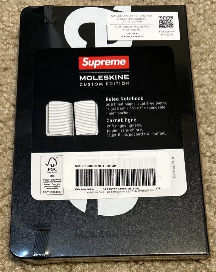 NWT Supreme Moleskin Notebook Large FW24 Black FREE SHIPPING