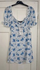 ZARA BLUE WHITE FLORAL PRINT MINI DRESS WITH RUFFLE TRIM SIZE L BNWT