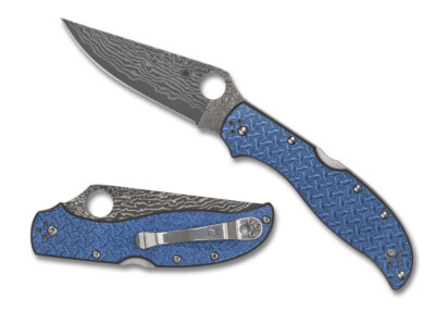 SPYDERCO Stretch 2 XL Glass Fiber Blue Nishijin Damascus, Sprint Run C258GFBLP