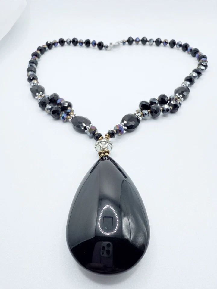 Declaración Collar Colgante Lágrima Vidrio Negro Artesanal Facetado AB Cuentas de Vidrio Foto 2 de 4