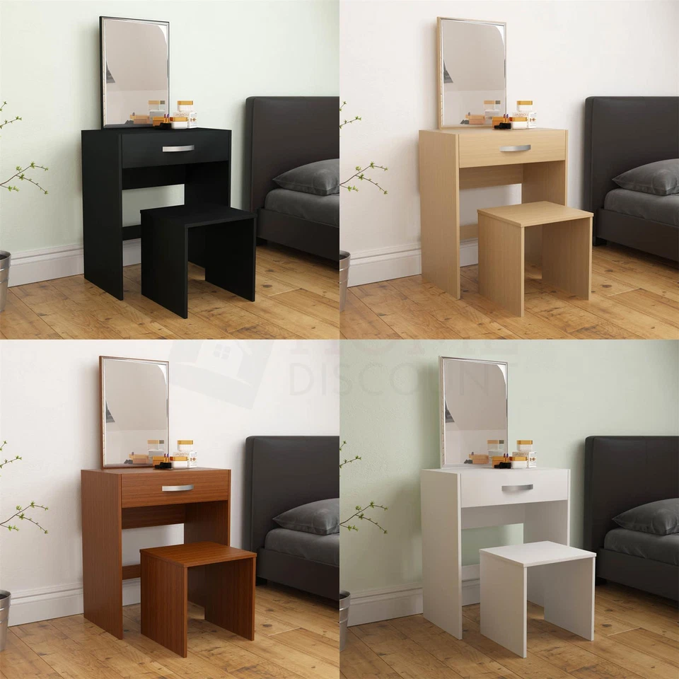 HOME DISCOUNT Isla Dressing Table 1 Drawer Mirror & Stool Set Bedroom Vanity Makeup Desk