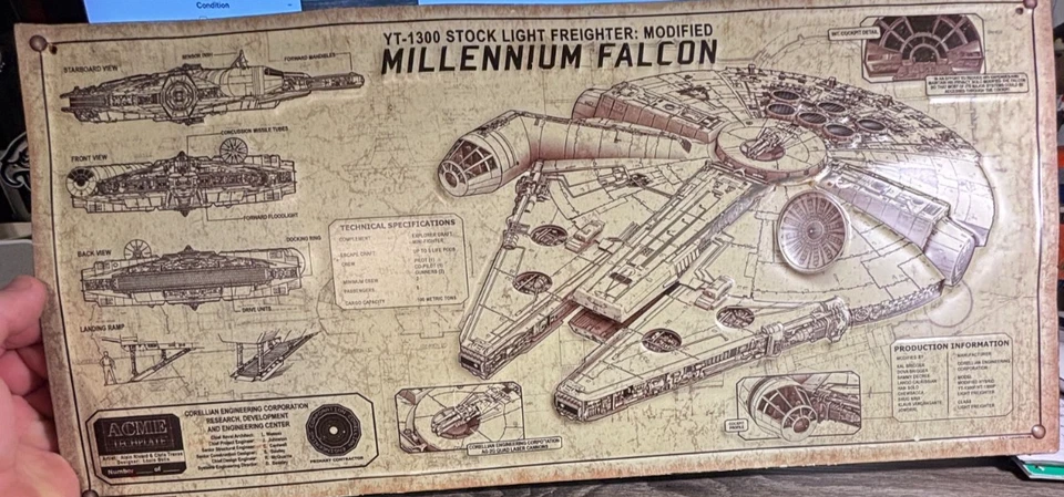 "Letrero de metal 3D Disney Star Wars Millennium Falcon 2012 decoración de pared 21"" X 10""" Foto 2 de 4