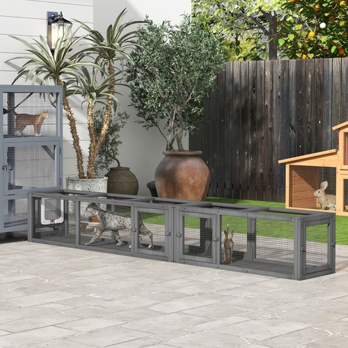 PawHut Cat Tunnel, 250cm Extra Long Wooden Cat Play Tunnel with Eight Doors - Picture 2 of 11