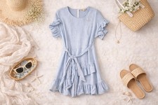 Michael Kors Blue White Striped Ruffle A-Line Dress | Short Sleeve | Size XL