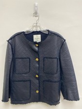 ST. JOHN Size 6 Navy Button Up Leather Ladies Jacket
