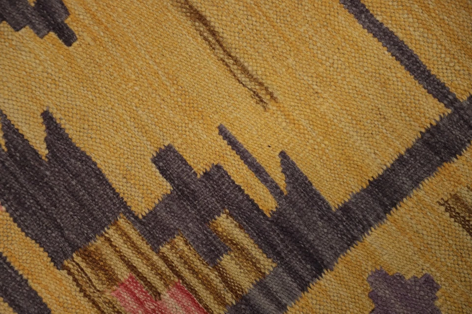 Alfombra Kilim Dorada/Púrpura 3x5 Tinte Vegetal Geométrica Lana Tribal Alfombra Foto 4 de 4