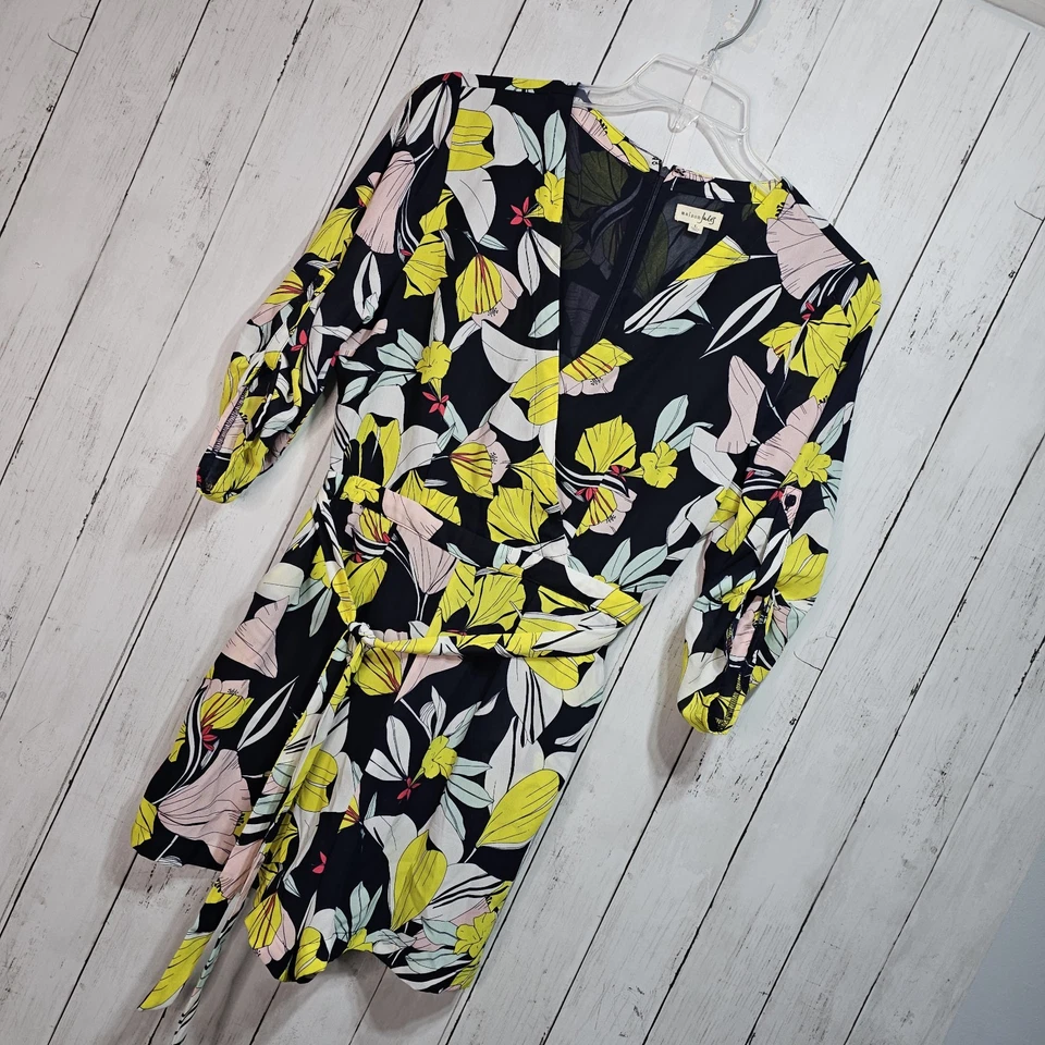 Mameluco para mujer MAISON JULES amarillo marino envolvente floral cuello en V cinturón talla grande Foto 4 de 4