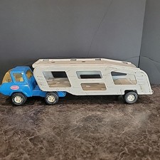 Vtg Tonka Semi Truck Blue Car Carrier Hauler White Pressed Steel 1970s USA Stub