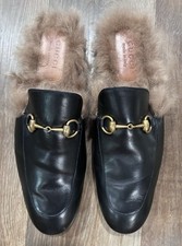 GUCCI MENS PRINCETOWN FUR MULES  LUXURY 10 BLACK LEATHER SLIPPERS GOLD SHOES