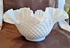Vintage Fenton Hobnail Bowl 9" Ruffled Edge White Milk Glass - Original Label