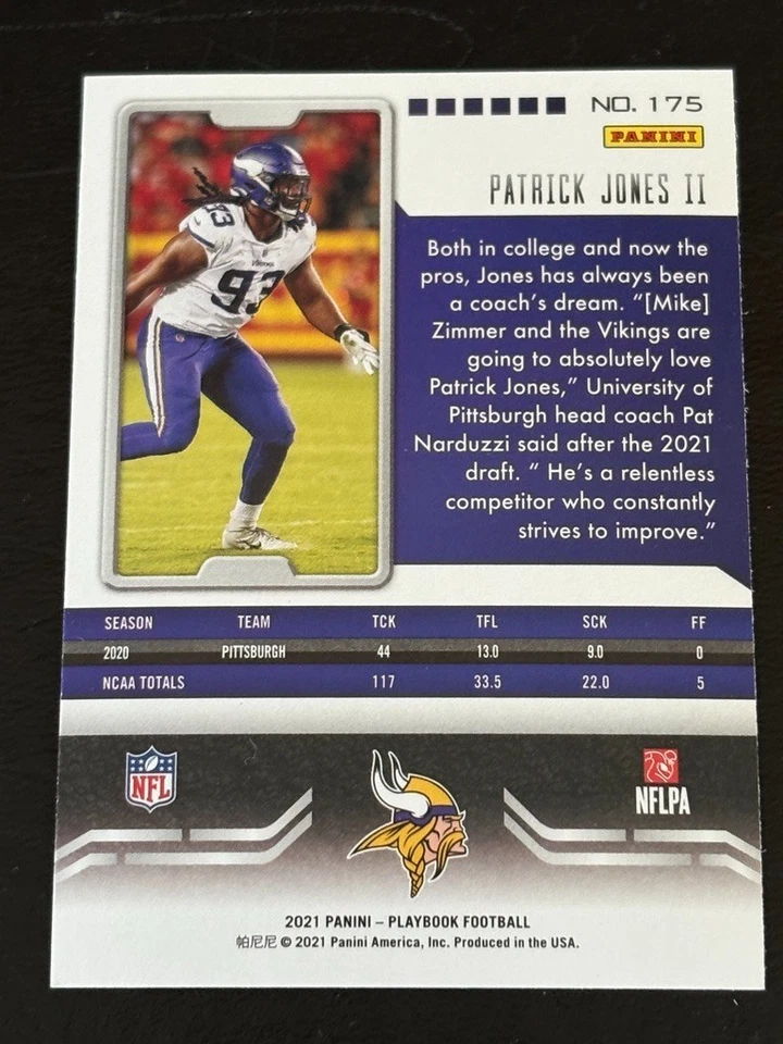 Patrick Jones II 2021 Panini Playbook RC Shield Logo Rookie #175 Minnesota - Image 2 of 2