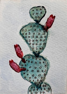 ACEO Original Watercolor Ink Cactus Miniature Art by Bri Sander 3.5 x 2.5  OOAK 