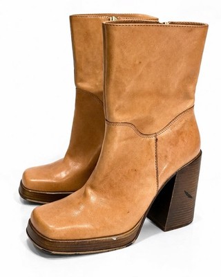 Steve Madden Franky Tan Leather Platform Vintage Boots Shoes Size 7 Wooden Y2K