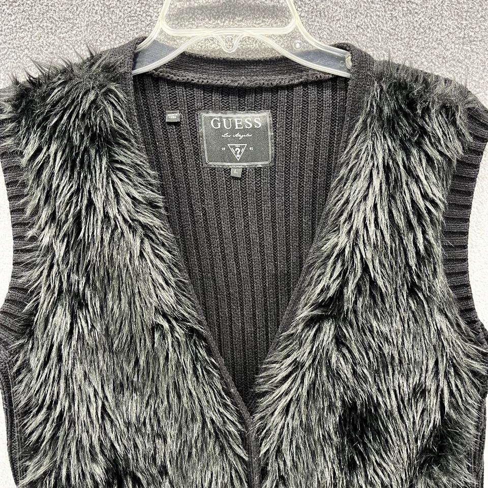 Guess Vest Womens Large Black Knit Sweater Faux Fur Trim Sleeveless Top - Image 3 of 4