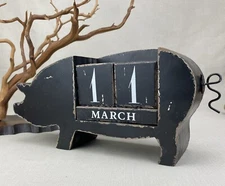 Rustic Distressed Black Wood Pig Perpetual Calendar with Block Numbers