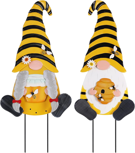 Metal Gnome Decorative Garden Stakes, 2 Pcs Outdoor Garden Decor with Honeybee O