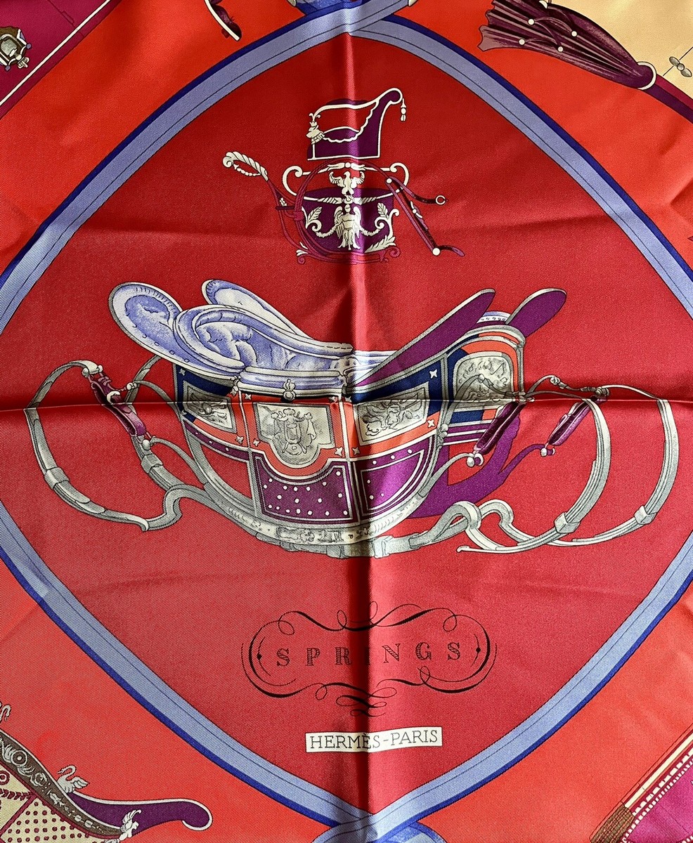 Foulard Carré Hermès En Soie 90 - Motif "Springs" Rare - Collectionneur - Bleu