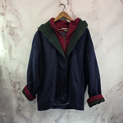 Vintage Coat Women 18W 2X 90s Wool Hooded Colorblock Navy Green
