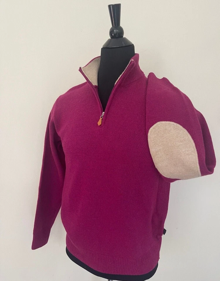 New Unisex Hugo Boss Sweater Purple Burgundy Wool 1/4 Zip Pullover L Loose Fit - Image 2 of 4