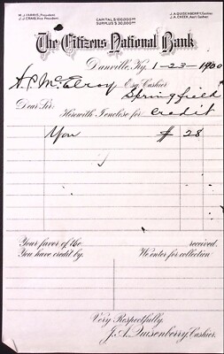 1900 Citizens National Bank Danville KY Quisenberry Cashier Billhead