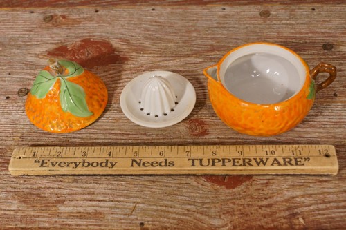 Vintage Mid Century Modern Figural Orange Reamer Juicer 3 Piece Dish Japan