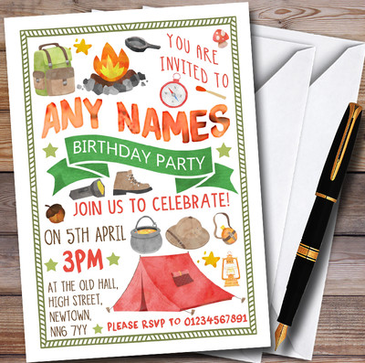 Camping Lagerfeuer personalisierte Kinder Party Einladungen