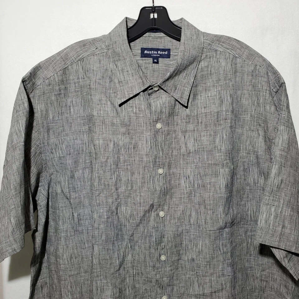 Camisa Austin Reed Hombre Extra Grande 100% Lino Viajeros Manga Corta Gris Rayas Foto 3 de 4
