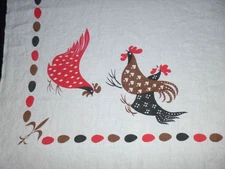 Vtg 50s Leacock Linen Tablecloth Stylized Chickens Roosters Eggs  49x65"