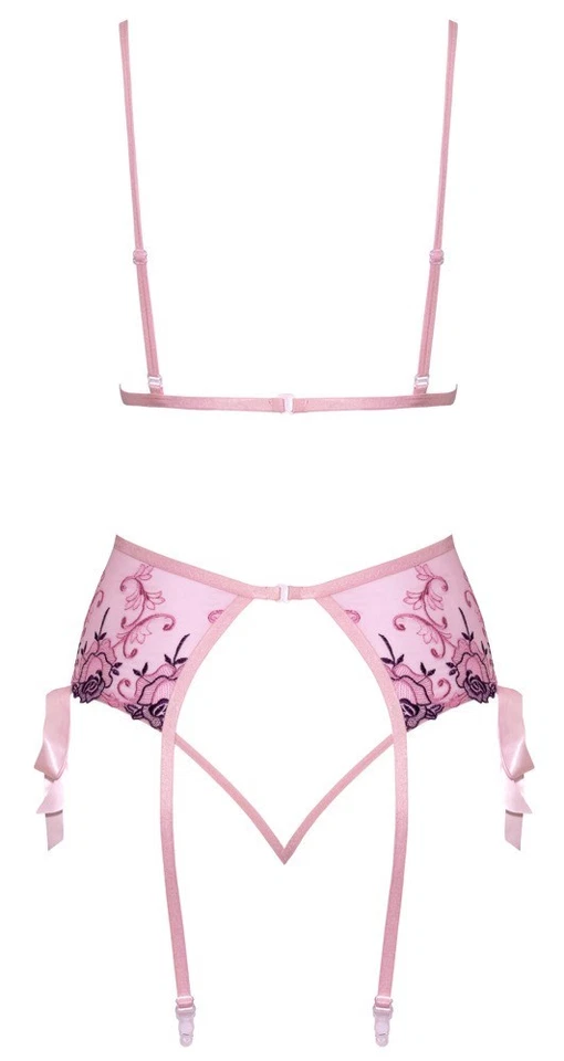 Erotik Soft-BH Strapsgurt & String Kissable Rosa Floralstickerei Satin Schleifen - Bild 4 von 4