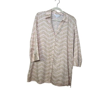 Foxcroft Heritage Button Down Top 16 Pink Tan Chain Print Non-Iron Preppy Tunic