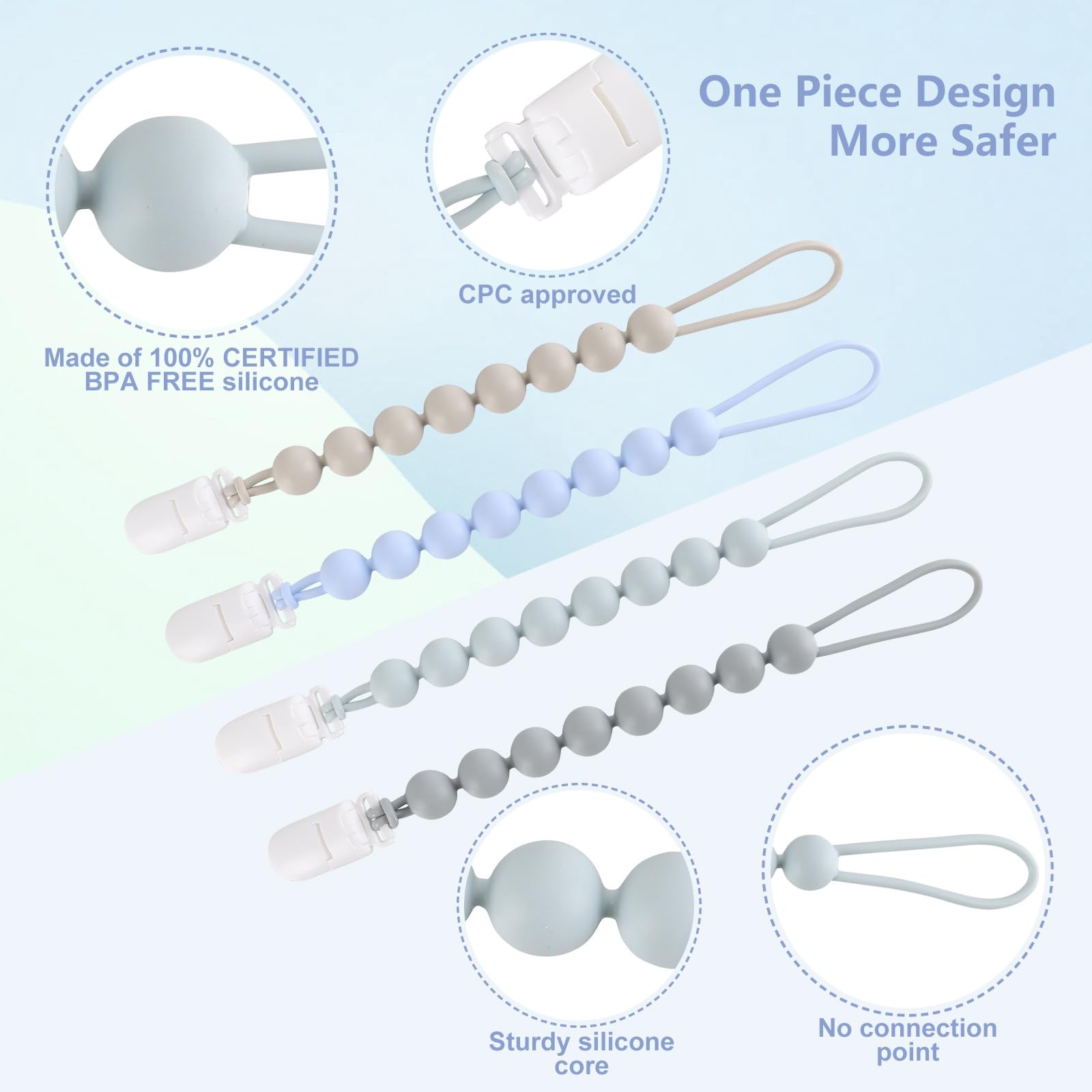 4-Pack Silicone Pacifier Clips for Baby Boys and Girls - with One-Piece Beads,