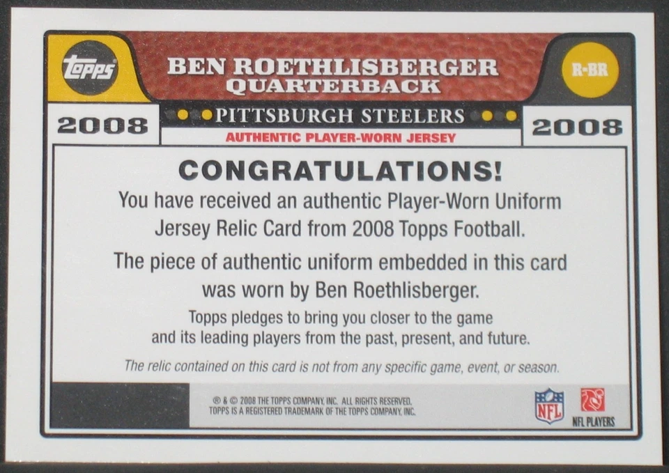 Ben Roethlisberger 2008 Topps Authentic Player Worn Jersey Pittsburgh Steelers - Image 2 of 2