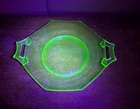 VTG Octagon Uranium Depression Glass 7” Plate w/ Two Art Deco Handles 8 Sided