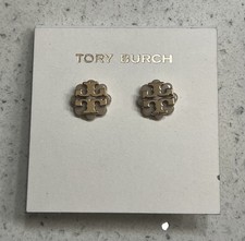 New Tory Burch Signature Logo Flower Resin Stud Earrings - Beige/Gold