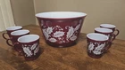 Vintage Hazel Atlas Egg Nog/Punch Bowl Set - 6 Mugs Holly Berry Milk Glass -NICE