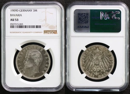 1909D Germany 3M BAVARIA NGC AU 53