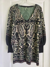 EUC Free People Floral Print Knit Deep V-Neck Balloon Sleeve Short Dress, XS