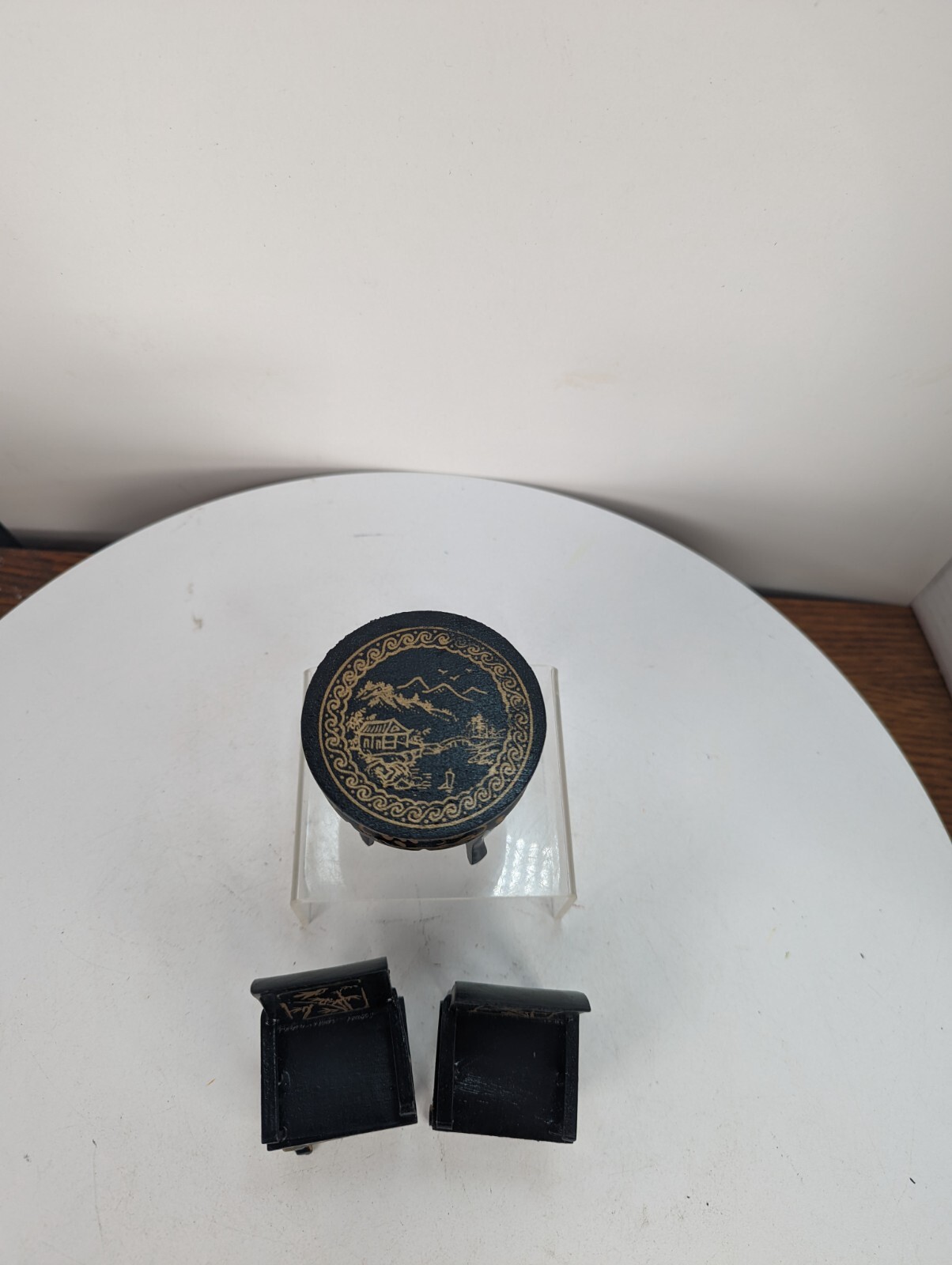 Dollhouse Miniature 3pc Black Lacquer Goldpainted Table Chairs Chinese Furniture