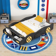 Race Car-Shaped Platform Bed with Wheels  Storage Solid Wood Bedframes Kids Bed
