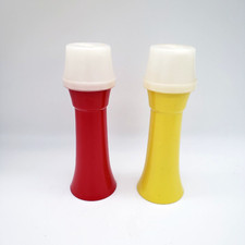 Vintage Tupperware Hourglass Yellow Red Ketchup Mustard Pump Bottle with Lids