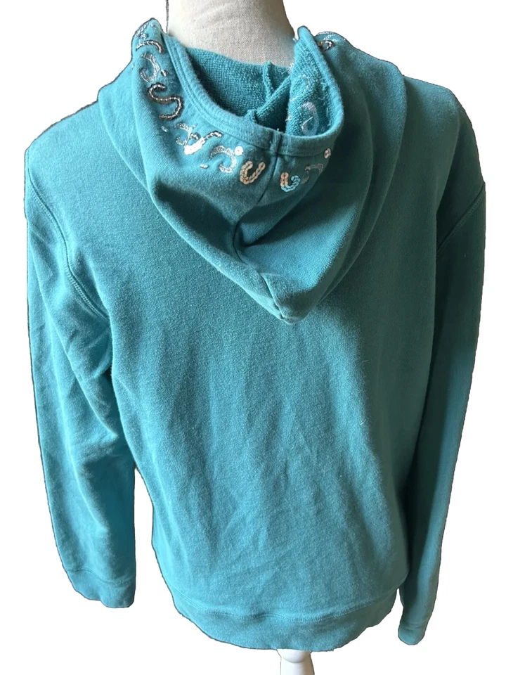 🧥💚 Moda Mujer Sudadera con Capucha Detalle Lentejuelas Talla L Verde azulado Escote Cerradura Lentejuelas Plateadas Foto 2 de 2