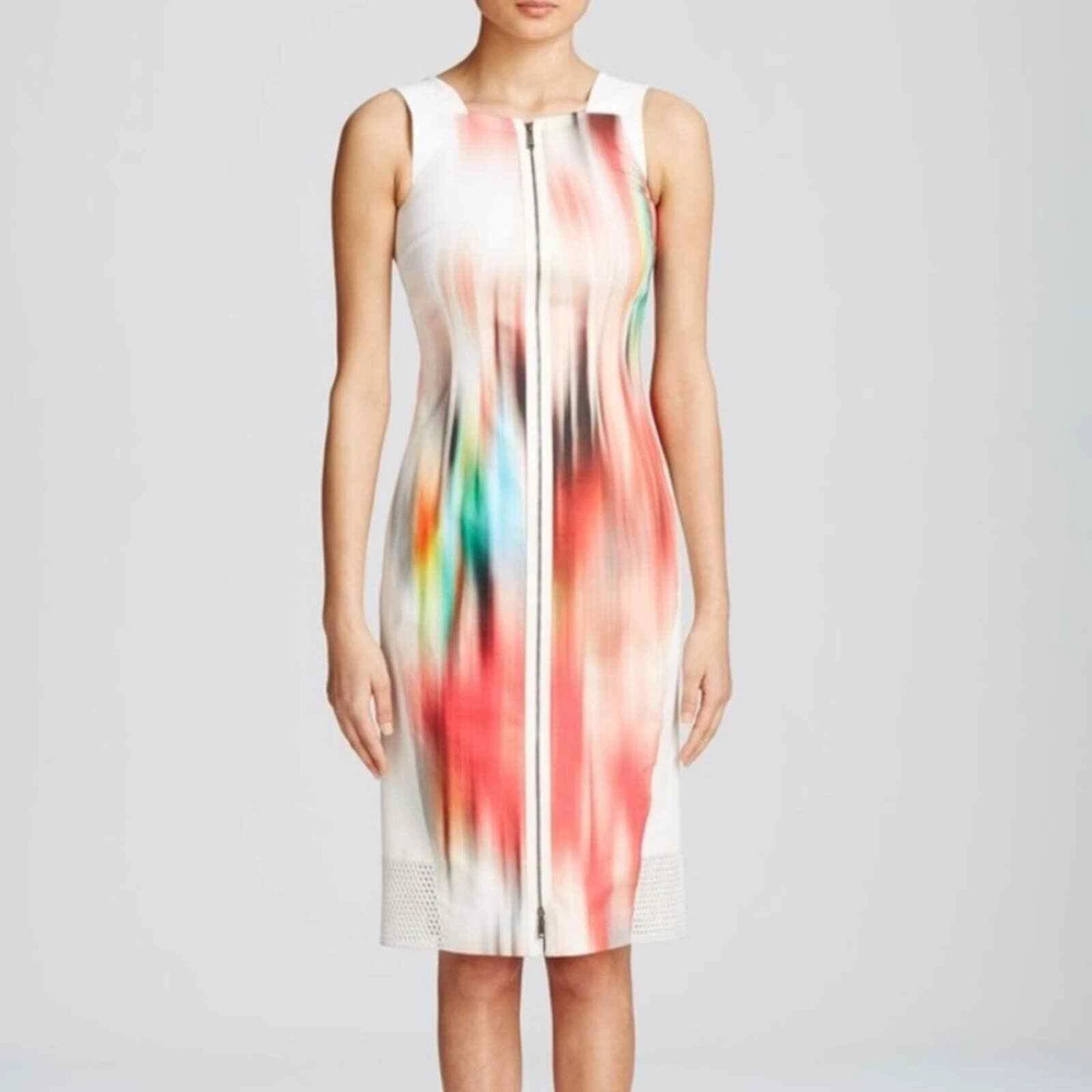 Ellie Tahari Watercolor Print Zip Front dress. Mesh siding detail. Size 12  | eBay