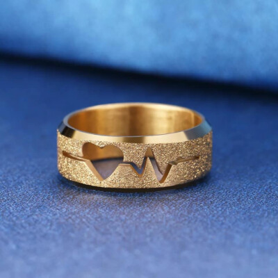 Bague Cœur Rythme Cardiaque – Acier Inoxydable Plaqué Or, Femme, Taille 59, Neuve
