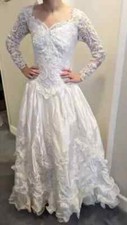 VTG 90's MARY'S WHITE SATIN BEADED LONG SLEEVE TIERED RUFFLES WEDDING GOWN 6-8 